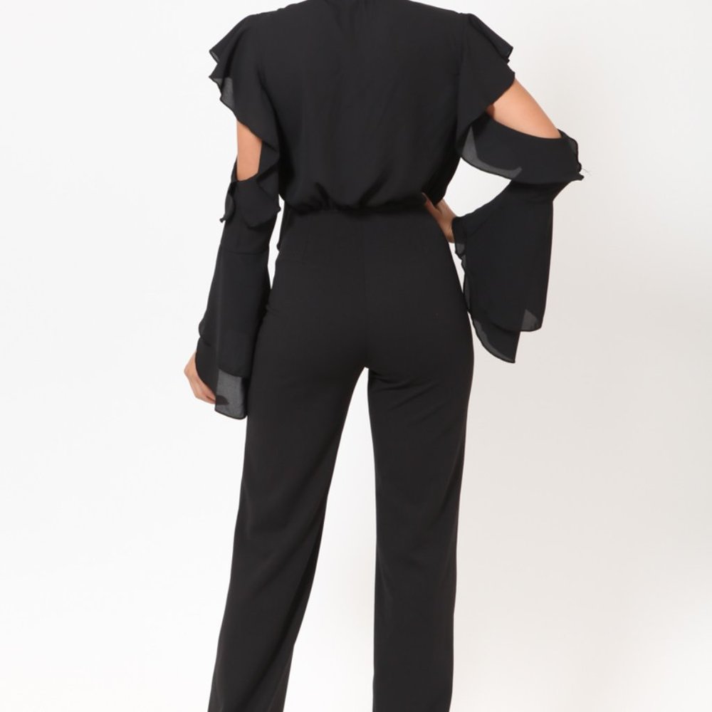 NWT Sexy Black Tuxedo Jumpsuit Cold Shoulder Small - Picture 4 of 9